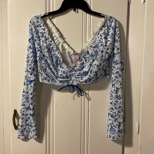 Savage X Fenty White Blue Plush Velvet Long-Sleeve Sleep Crop Top X-Large XL